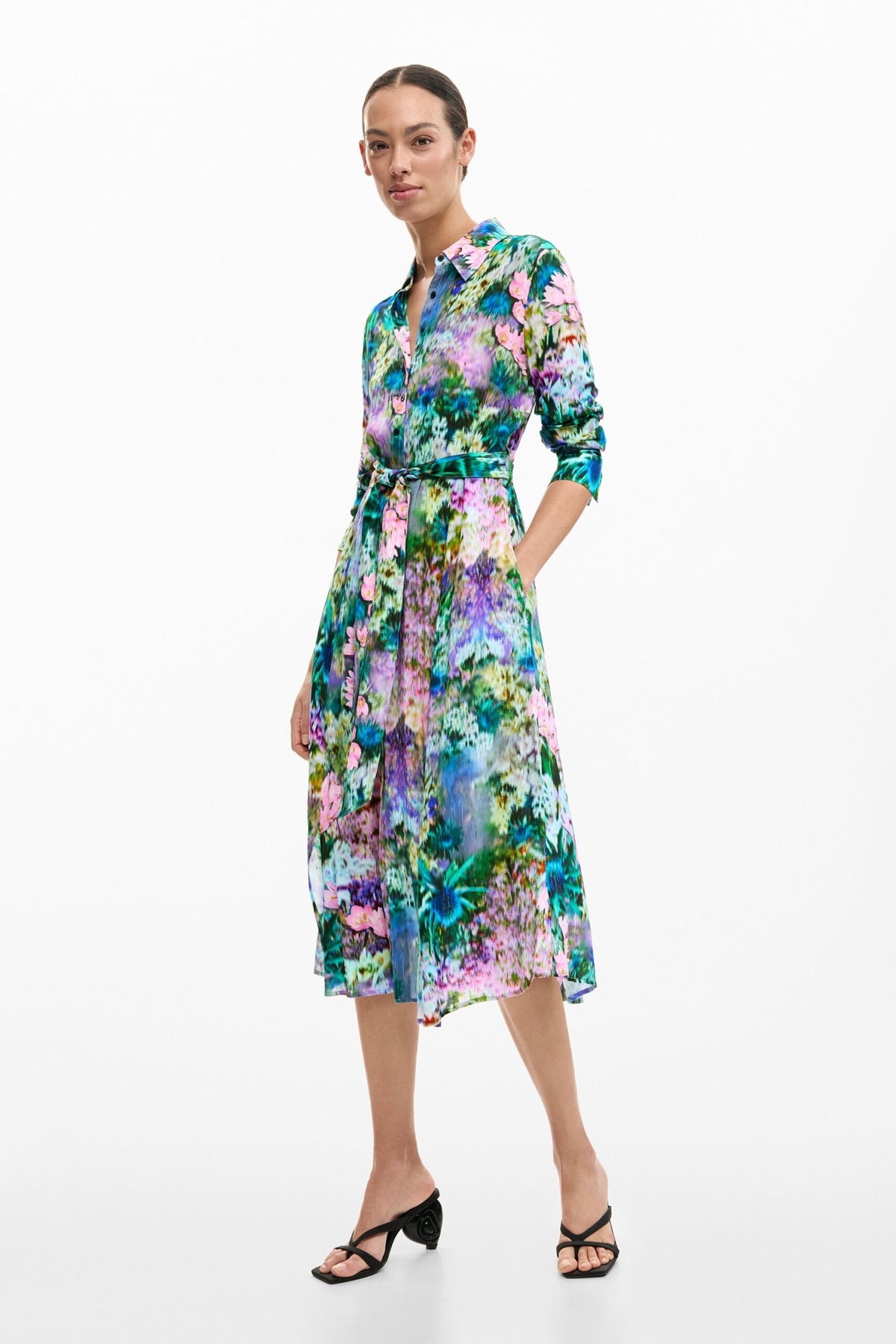 Desigual Long dress with long sleeves in flowing floral print fabric with belt
