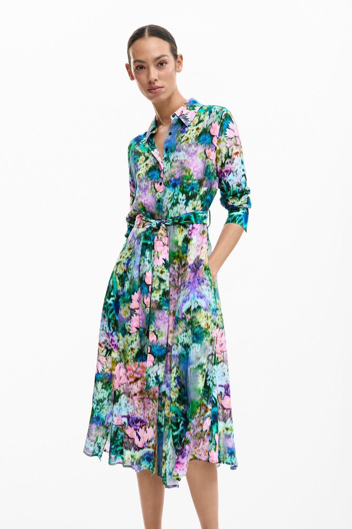 Desigual Long dress with long sleeves in flowing floral print fabric with belt