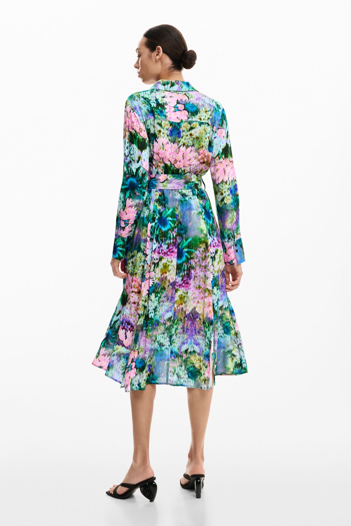 Desigual Long dress with long sleeves in flowing floral print fabric with belt