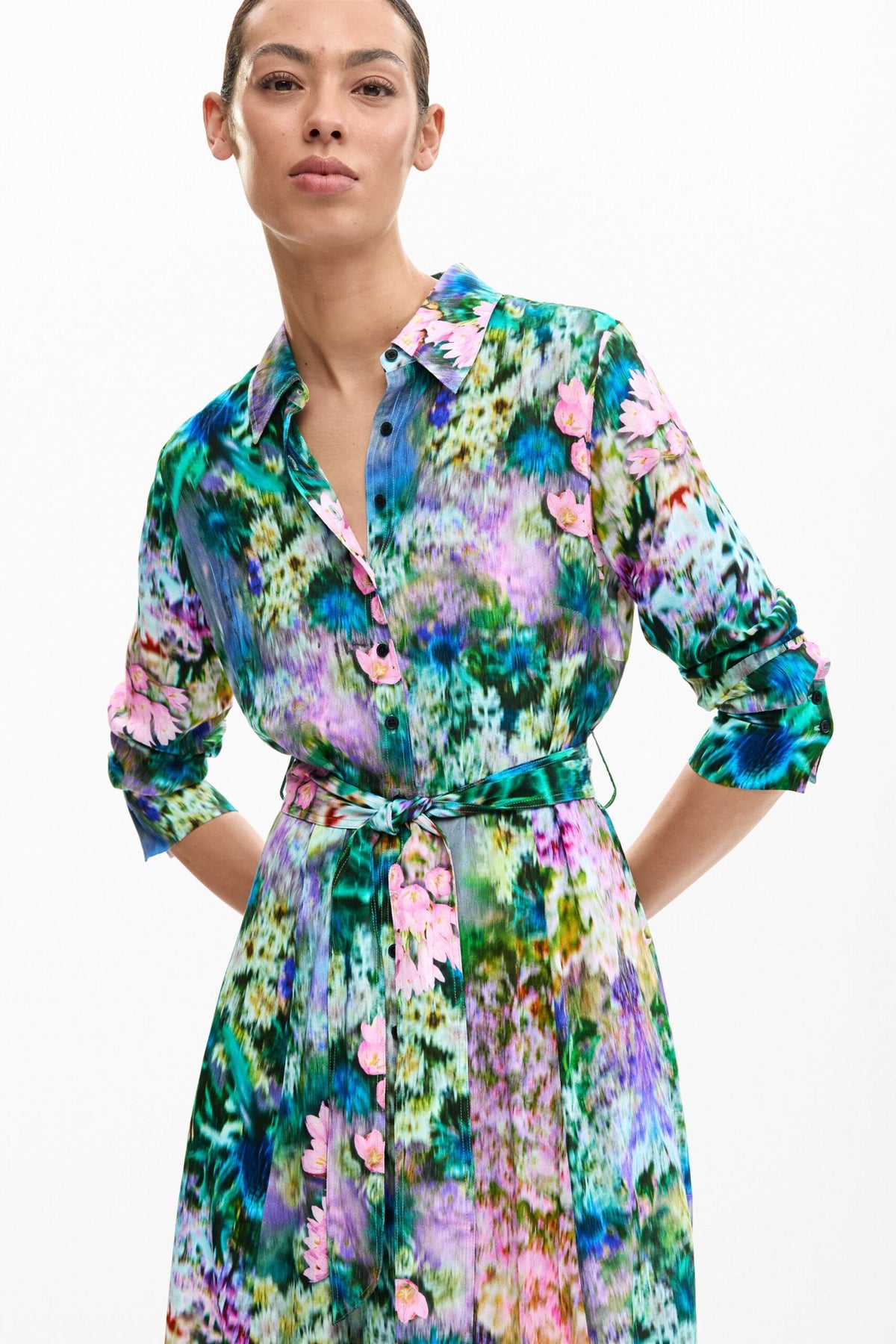 Desigual Long dress with long sleeves in flowing floral print fabric with belt