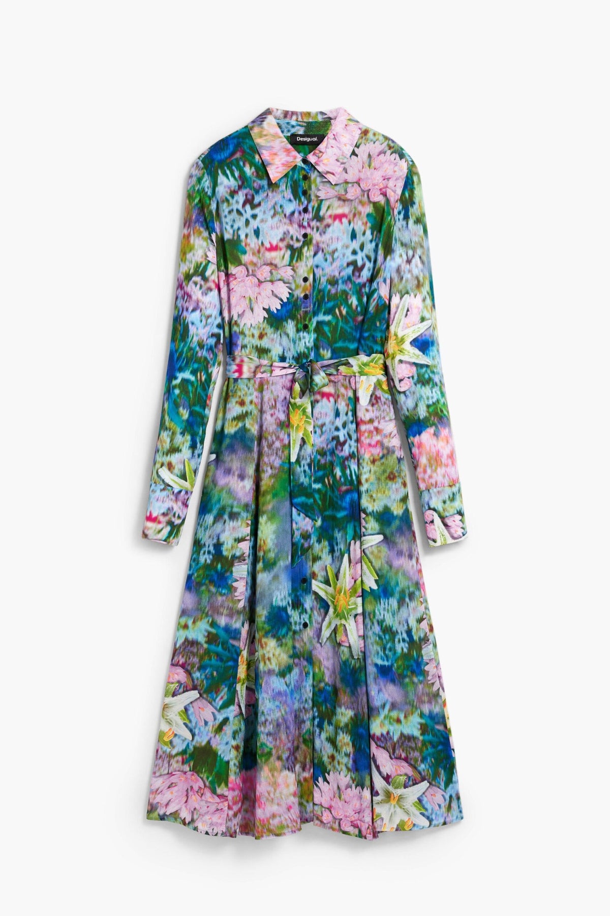 Desigual Long dress with long sleeves in flowing floral print fabric with belt