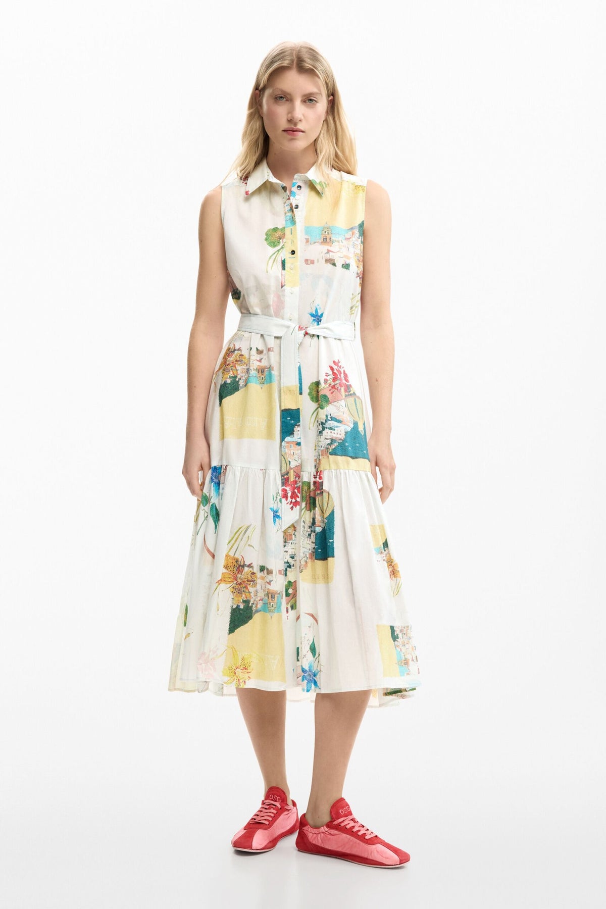 Desigual Sleeveless long dress with belt, flounced hem and postcard and flower print .