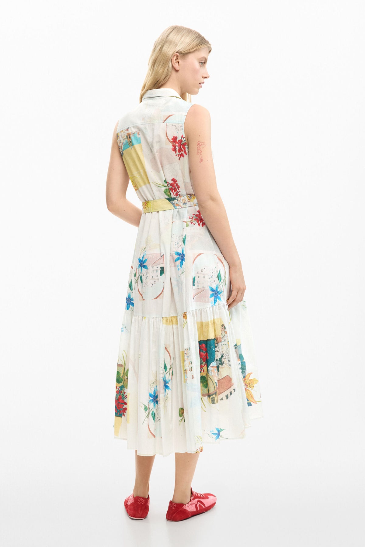Desigual Sleeveless long dress with belt, flounced hem and postcard and flower print .