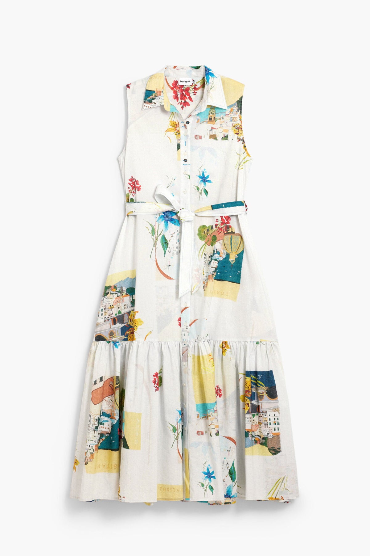 Desigual Sleeveless long dress with belt, flounced hem and postcard and flower print .