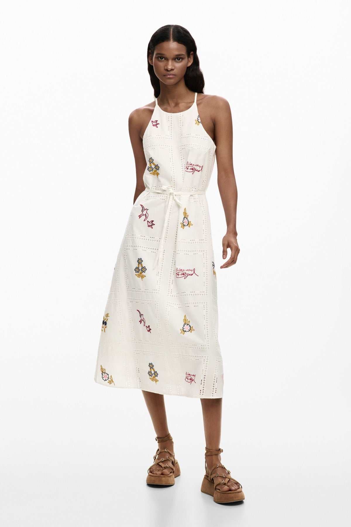 Desigual Midi dress with straps and halter neck decorated with openwork decorative embroidery