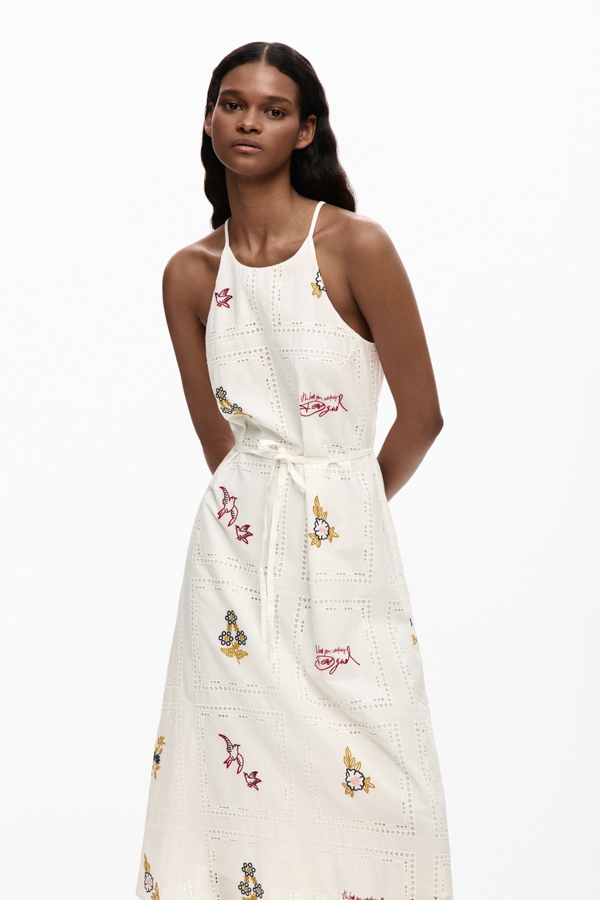 Desigual Midi dress with straps and halter neck decorated with openwork decorative embroidery