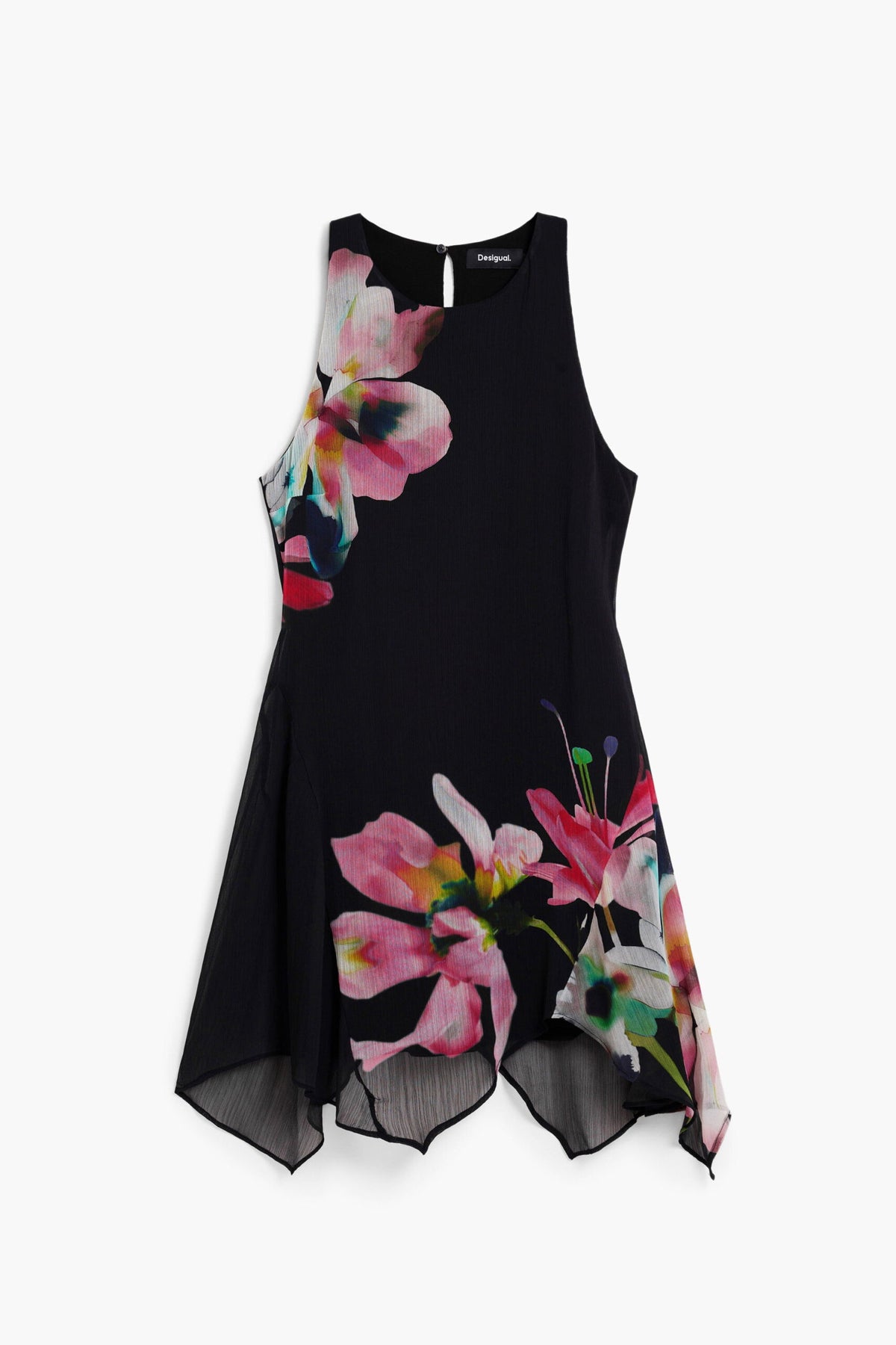 Desigual Sleeveless midi dress made of tulle fabric, with asymmetric hem and floral print