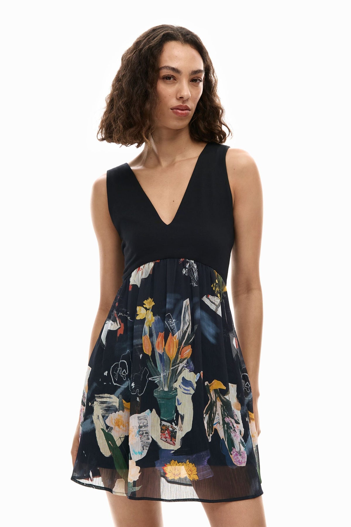 Desigual Short sleeveless dress made of two materials, with a solid-color top skirt