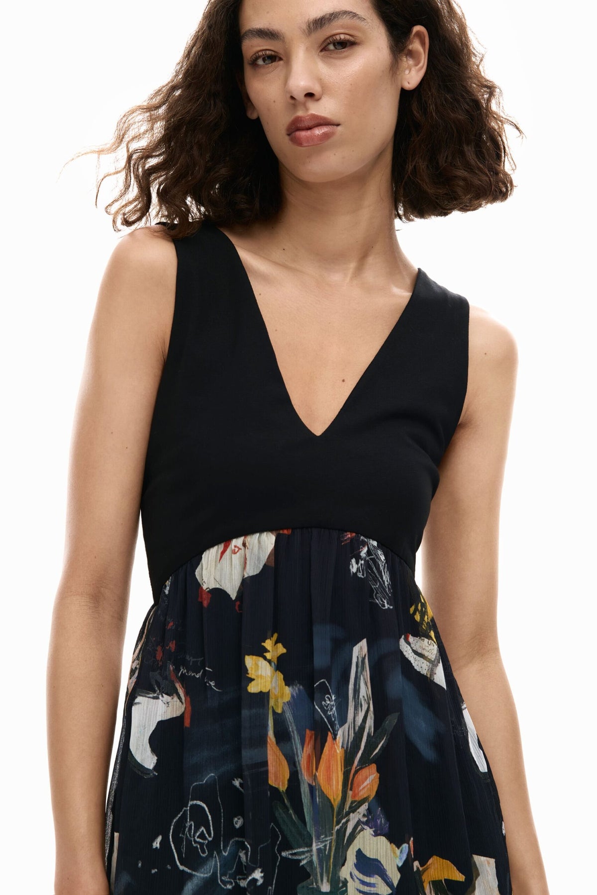 Desigual Short sleeveless dress made of two materials, with a solid-color top skirt