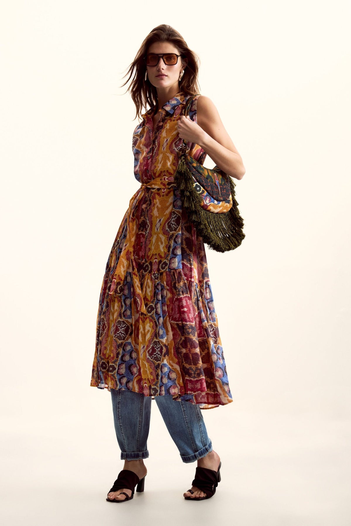 Desigual Sleeveless long shirt-style dress with belt and ethnic-style print