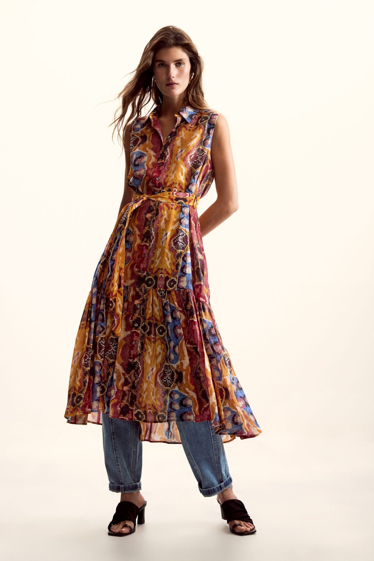 Desigual Sleeveless long shirt-style dress with belt and ethnic-style print