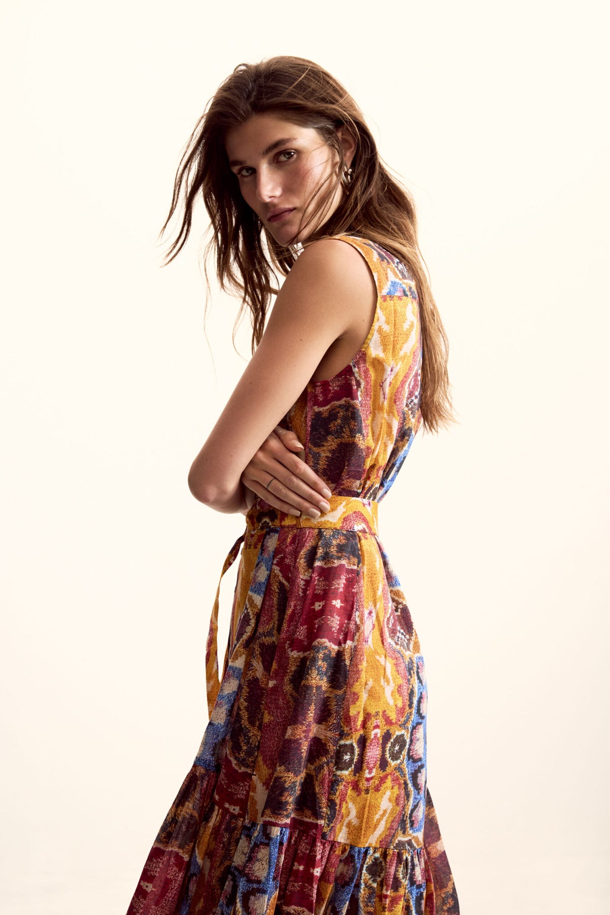 Desigual Sleeveless long shirt-style dress with belt and ethnic-style print