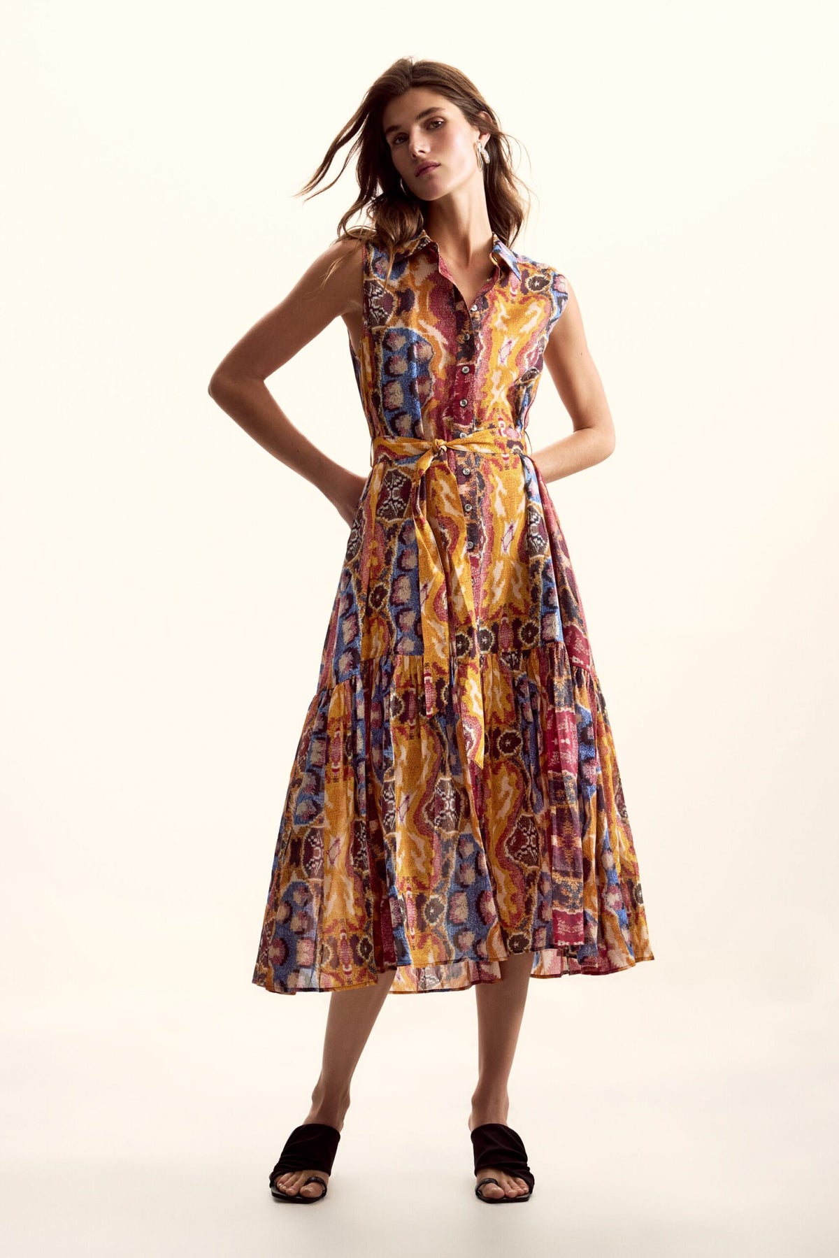 Desigual Sleeveless long shirt-style dress with belt and ethnic-style print