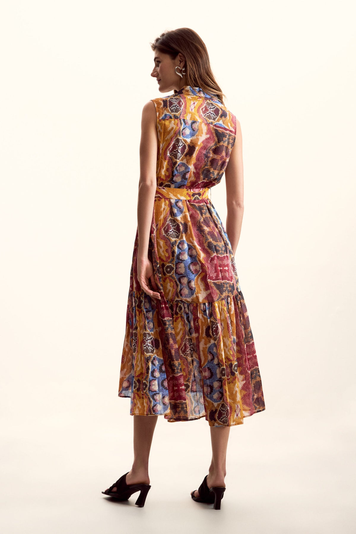 Desigual Sleeveless long shirt-style dress with belt and ethnic-style print