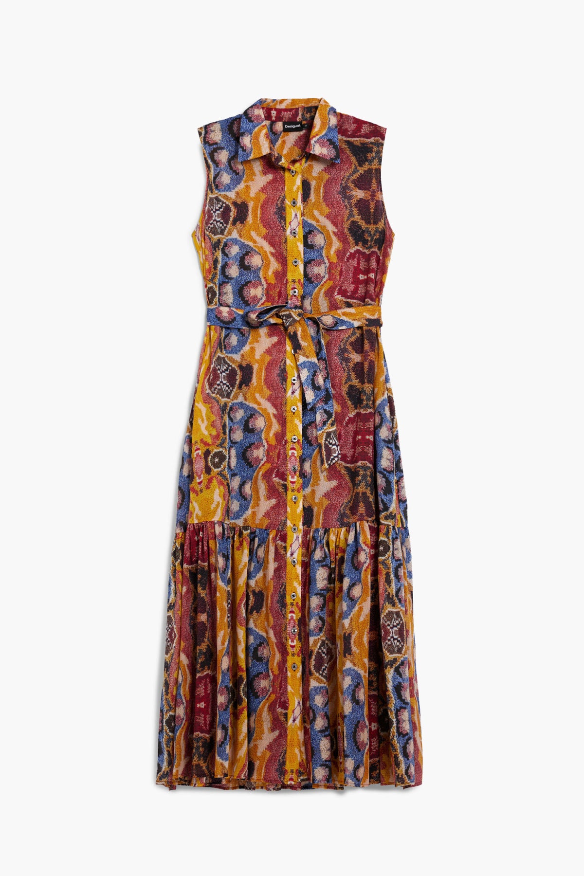 Desigual Sleeveless long shirt-style dress with belt and ethnic-style print