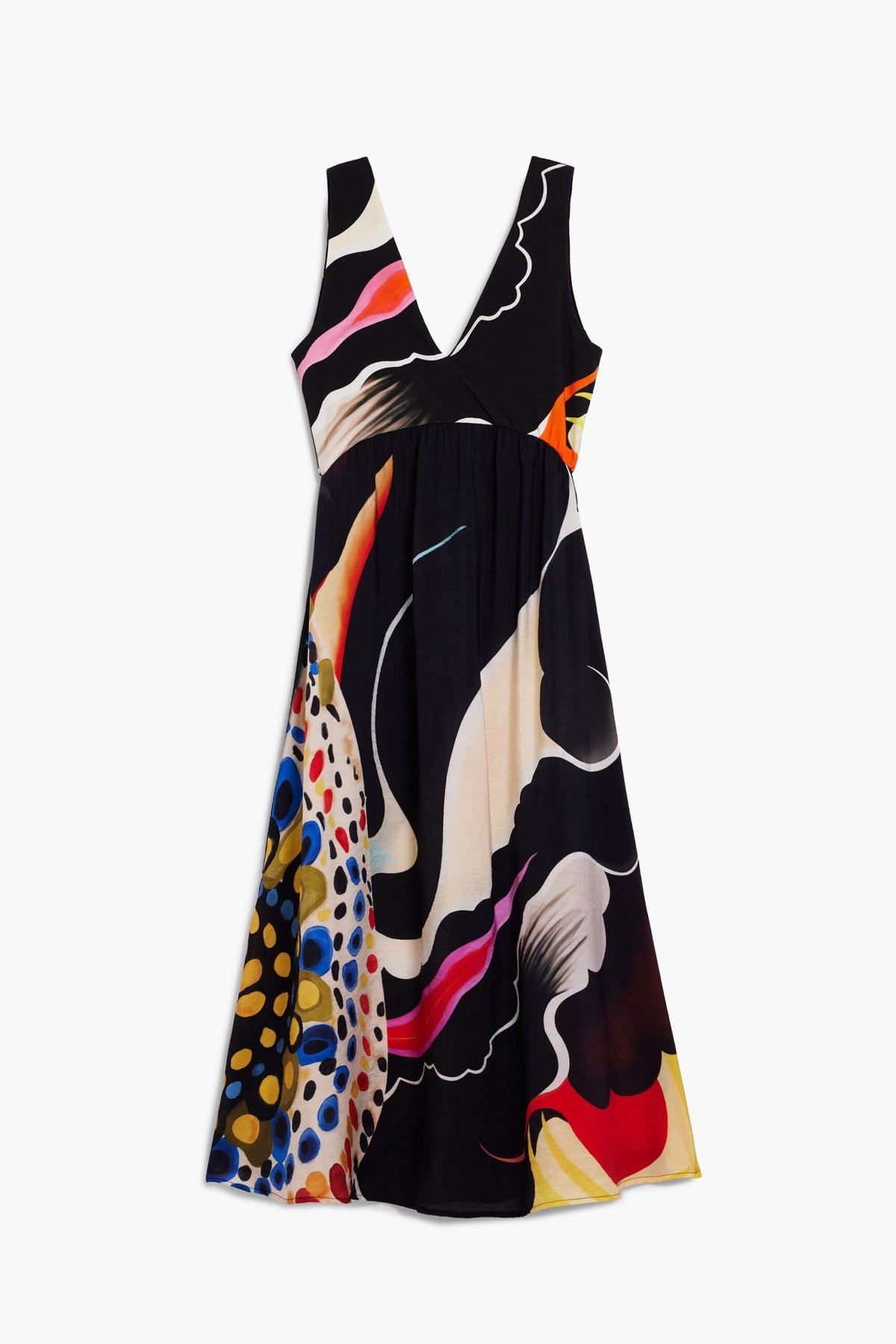 Desigual Sleeveless dress in a flowing fabric with an arty print in various colors. V-neck and midi length.