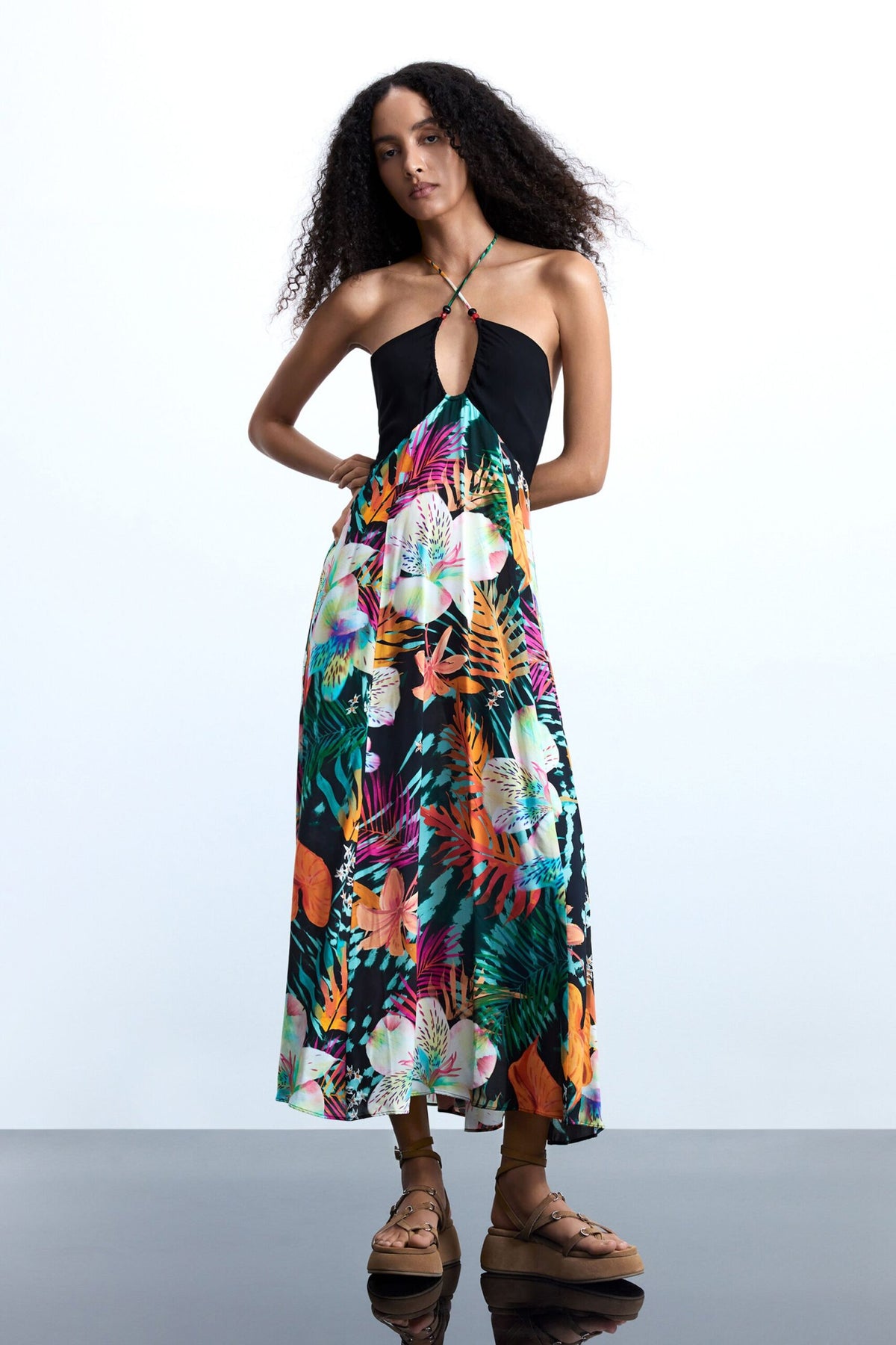 Desigual Long dress with a tie at the neck, elastic at the back on the top