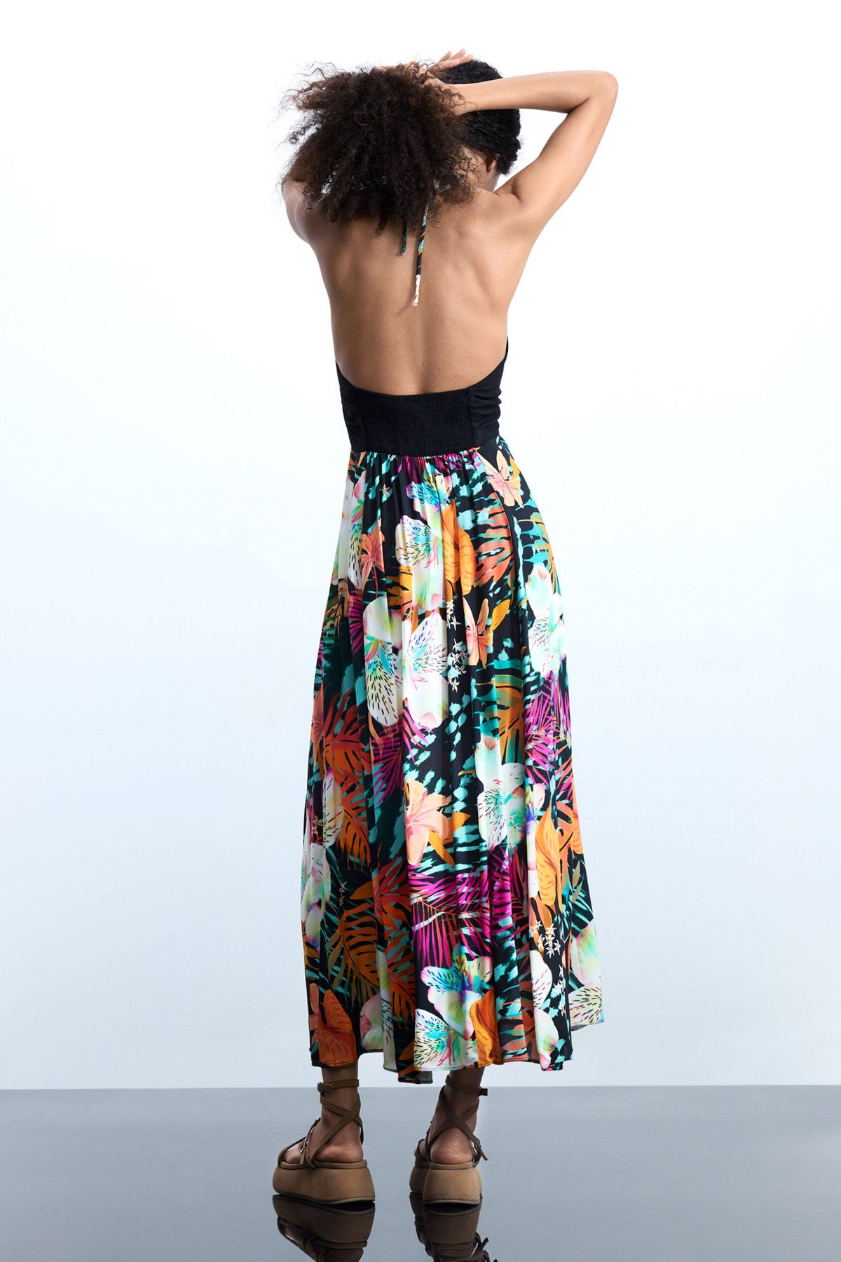 Desigual Long dress with a tie at the neck, elastic at the back on the top