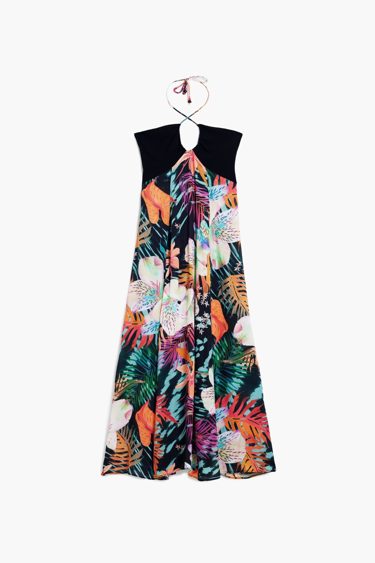 Desigual Long dress with a tie at the neck, elastic at the back on the top