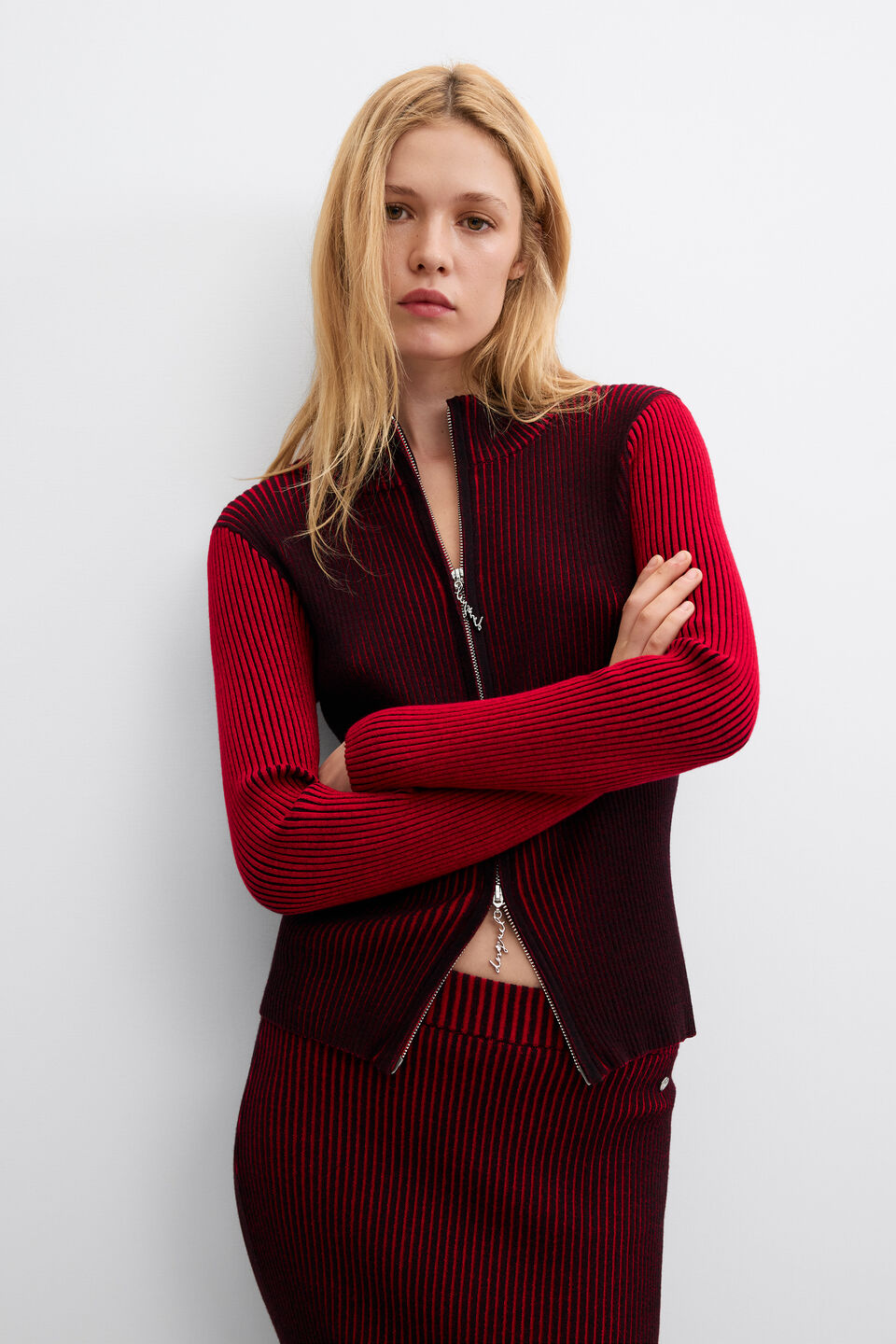 Iridescent knit zip jacket