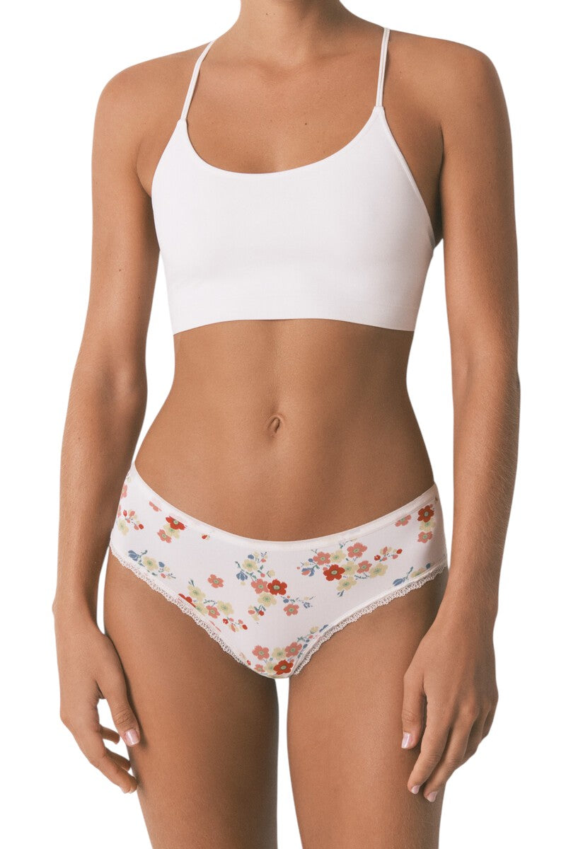 Women Secret Wide Brazilian-style briefs with a floral print, white.