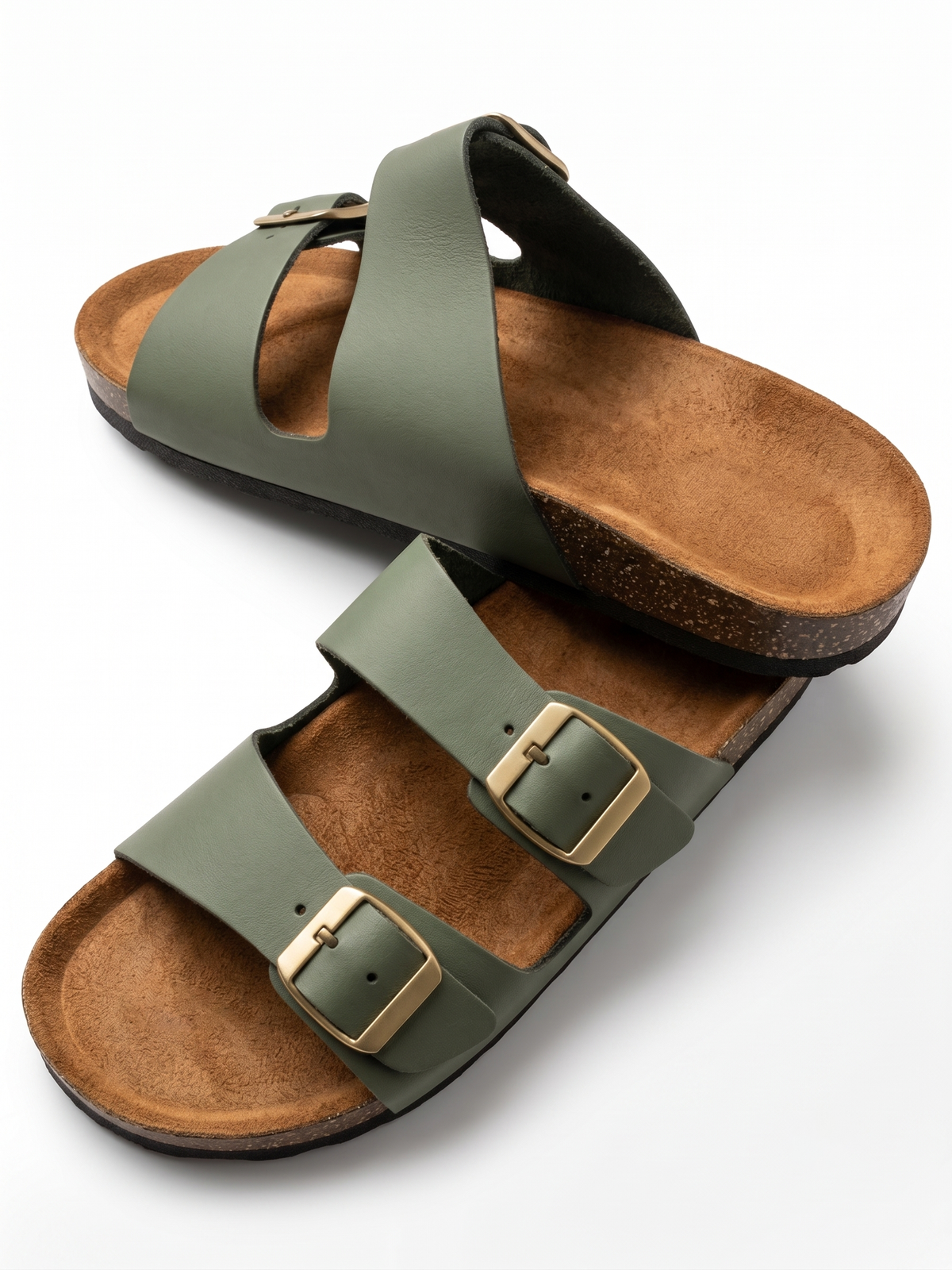 Double-Strap Buckle Slide Sandals With Contoured Footbed - Green