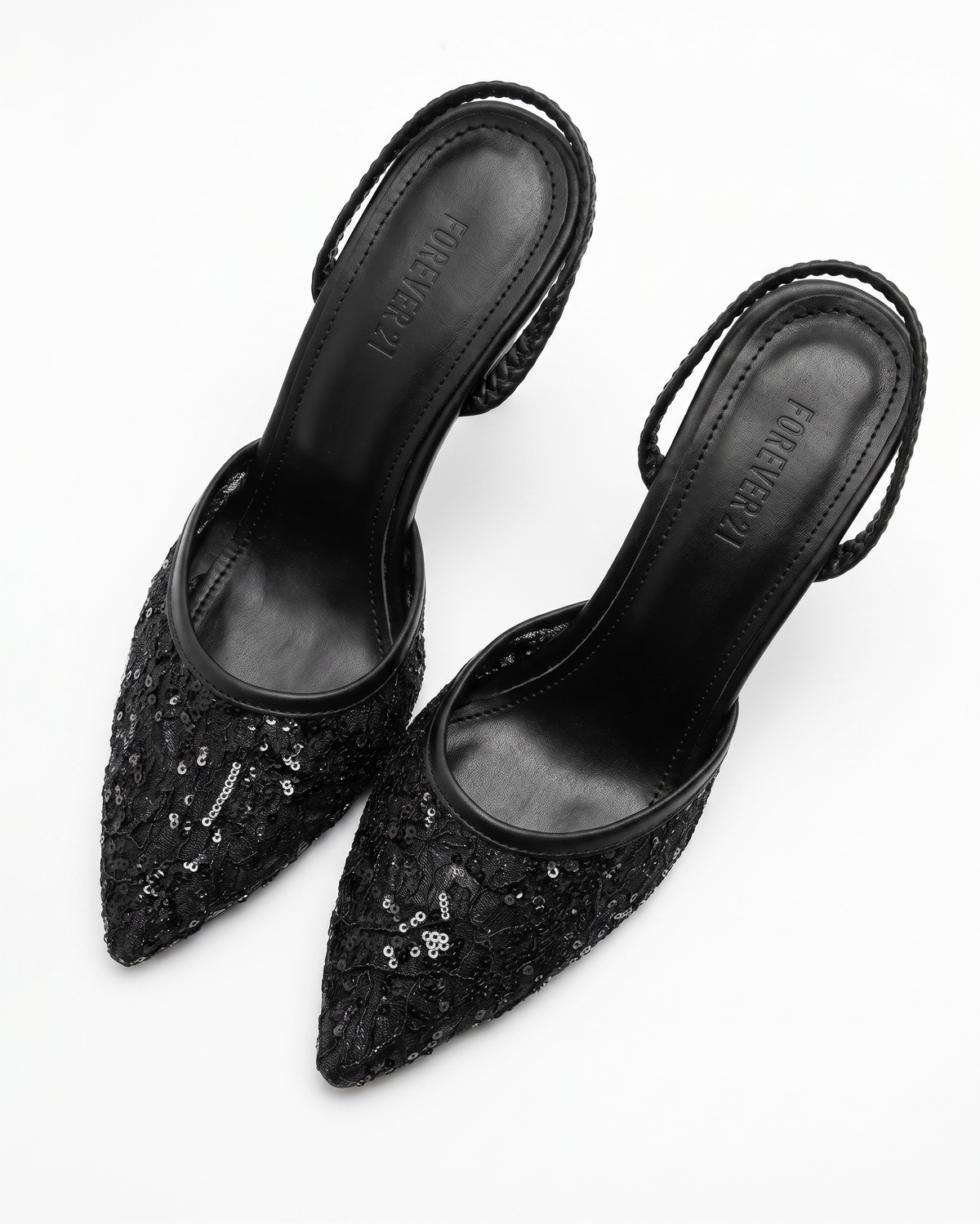 Pointed-Toe Sequin Lace Slingback Heels - Black