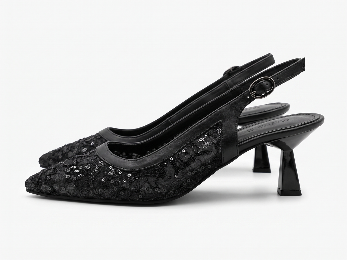 Pointed-Toe Sequin Lace Slingback Heels - Black
