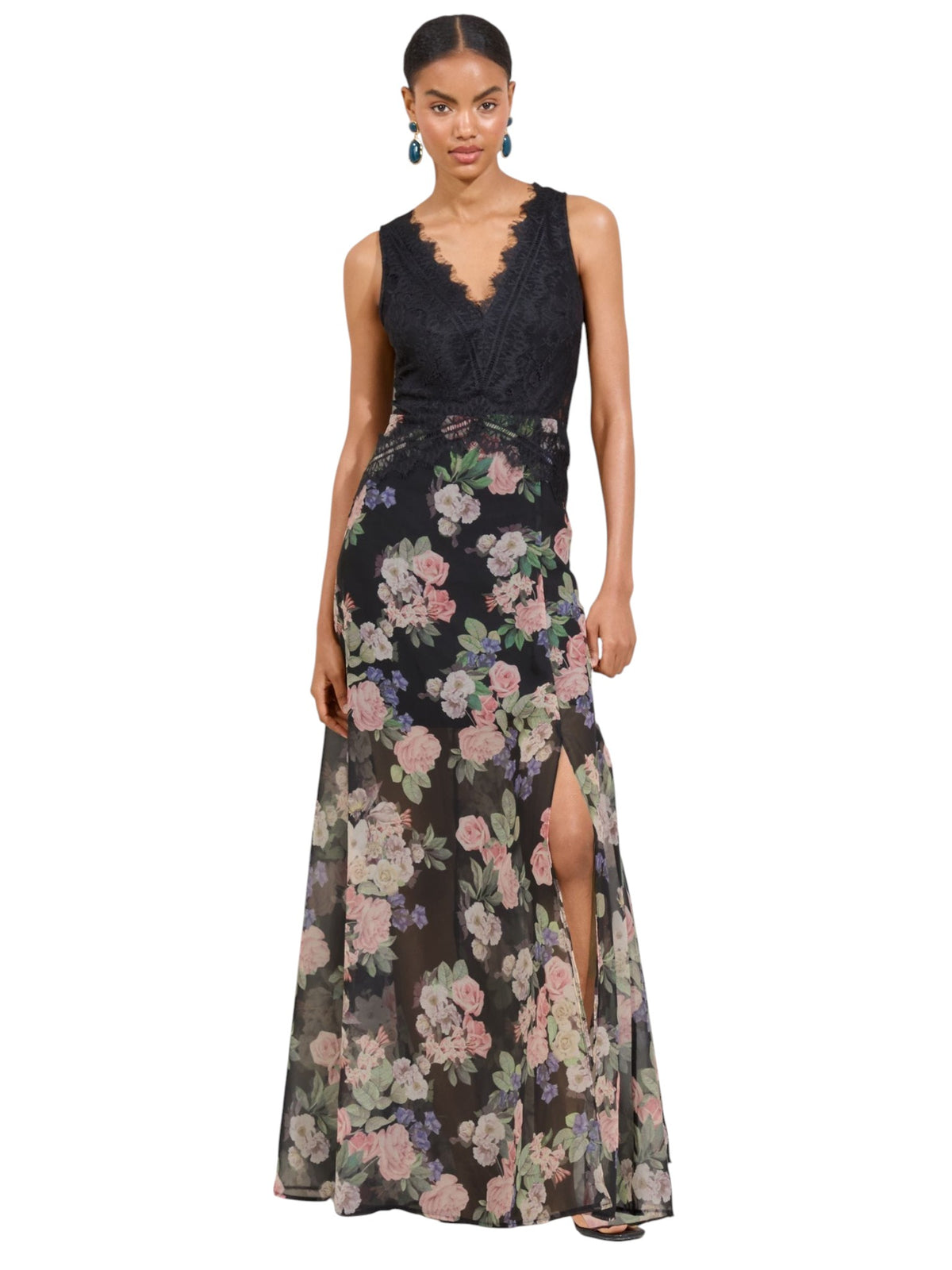 Lipsy Black Floral Printed Lace Mix V-Neck Maxi Dress