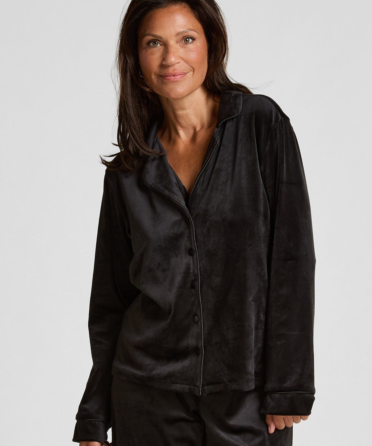HUNKEMÖLLER Piped Velour Long-Sleeve Pajama Shirt