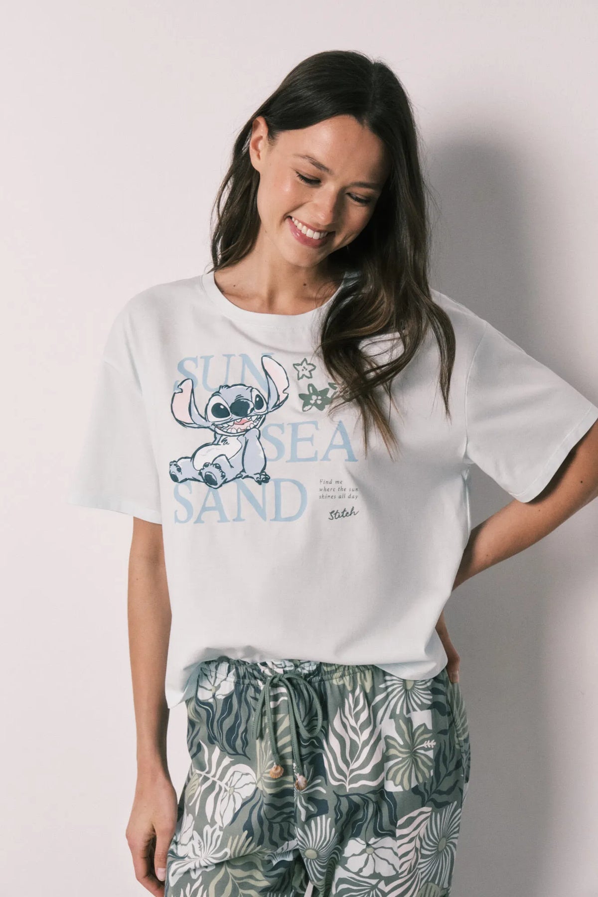 Women Secret Stitch Print Short Sleeve Long Pyjamas