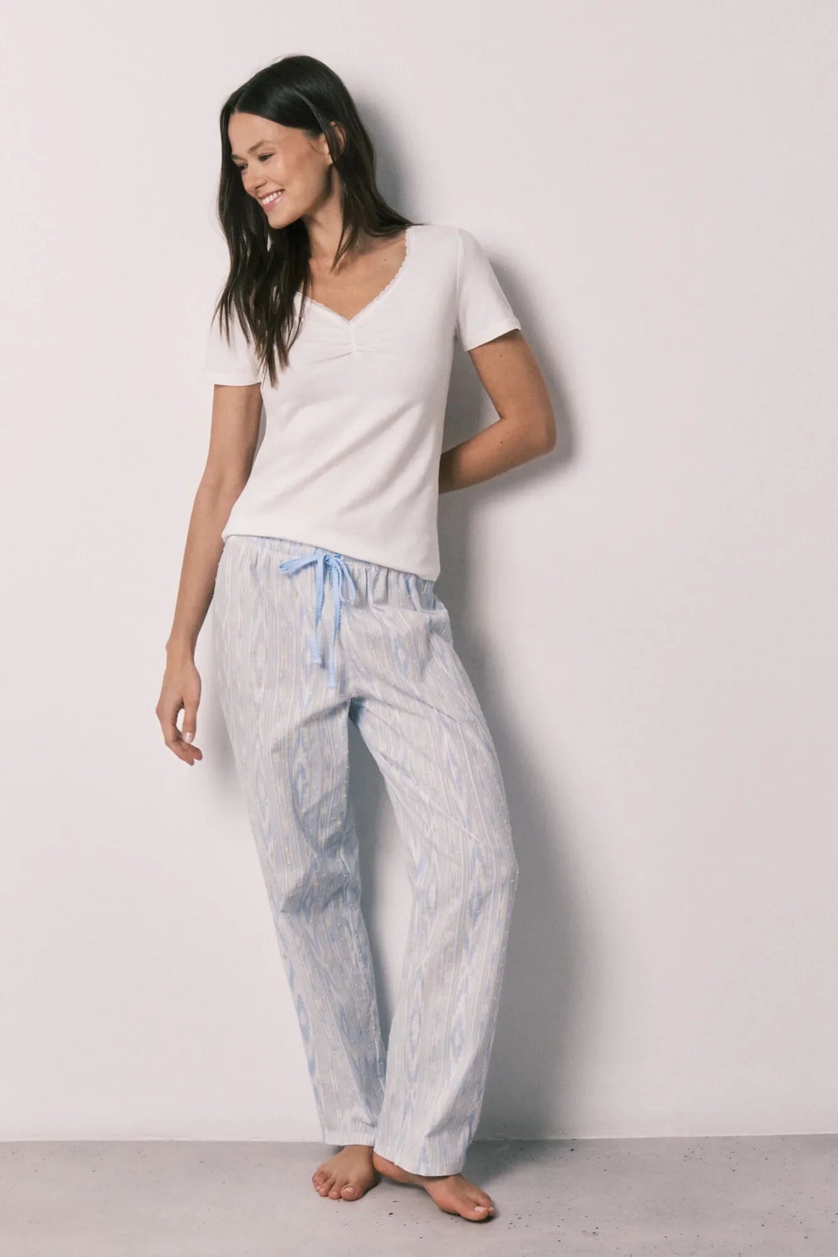 Women Secret Ivory Cotton Short Sleeve Long Pyjamas