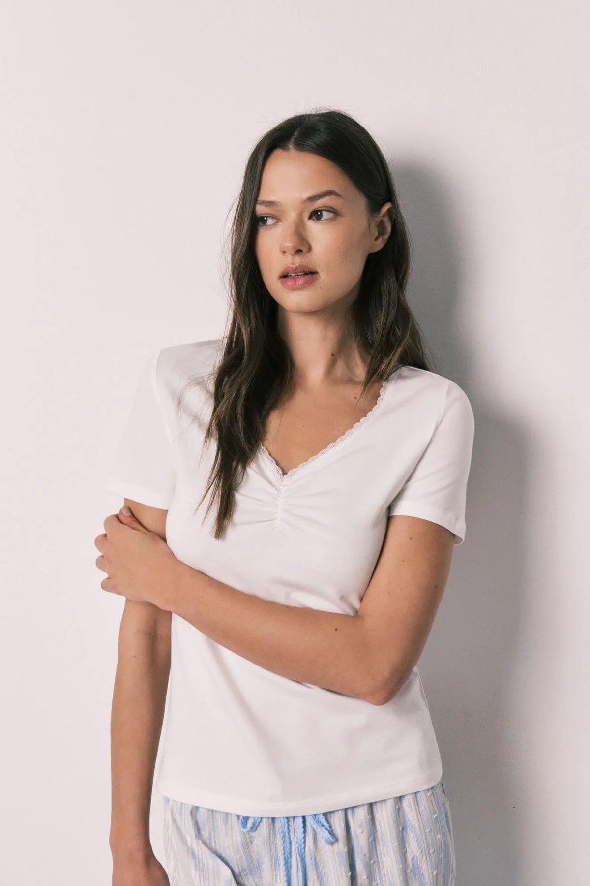 Women Secret Ivory Cotton Short Sleeve Long Pyjamas