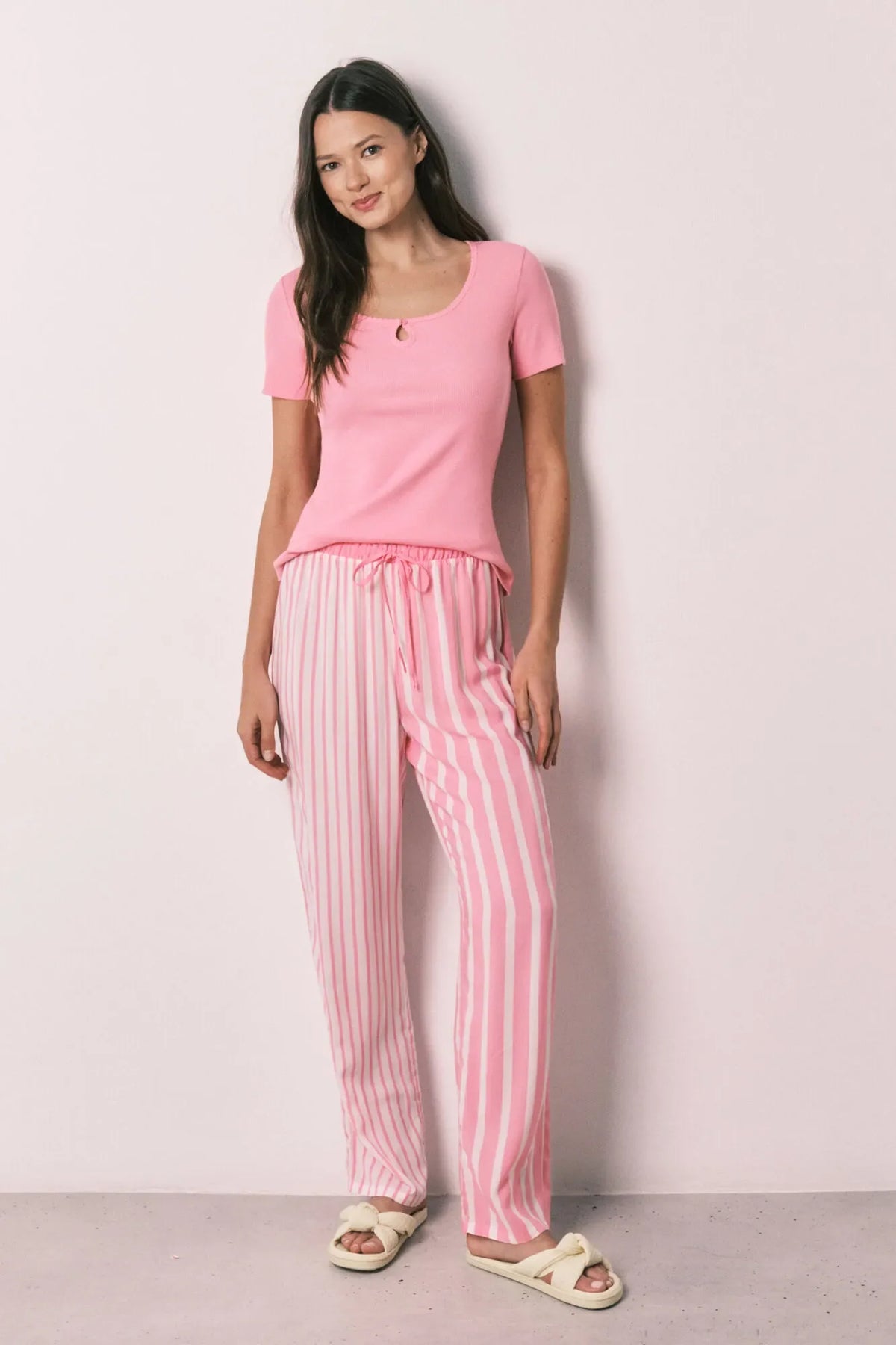 Women Secret Pink Cotton And Viscose Short Sleeve Long Pyjamas