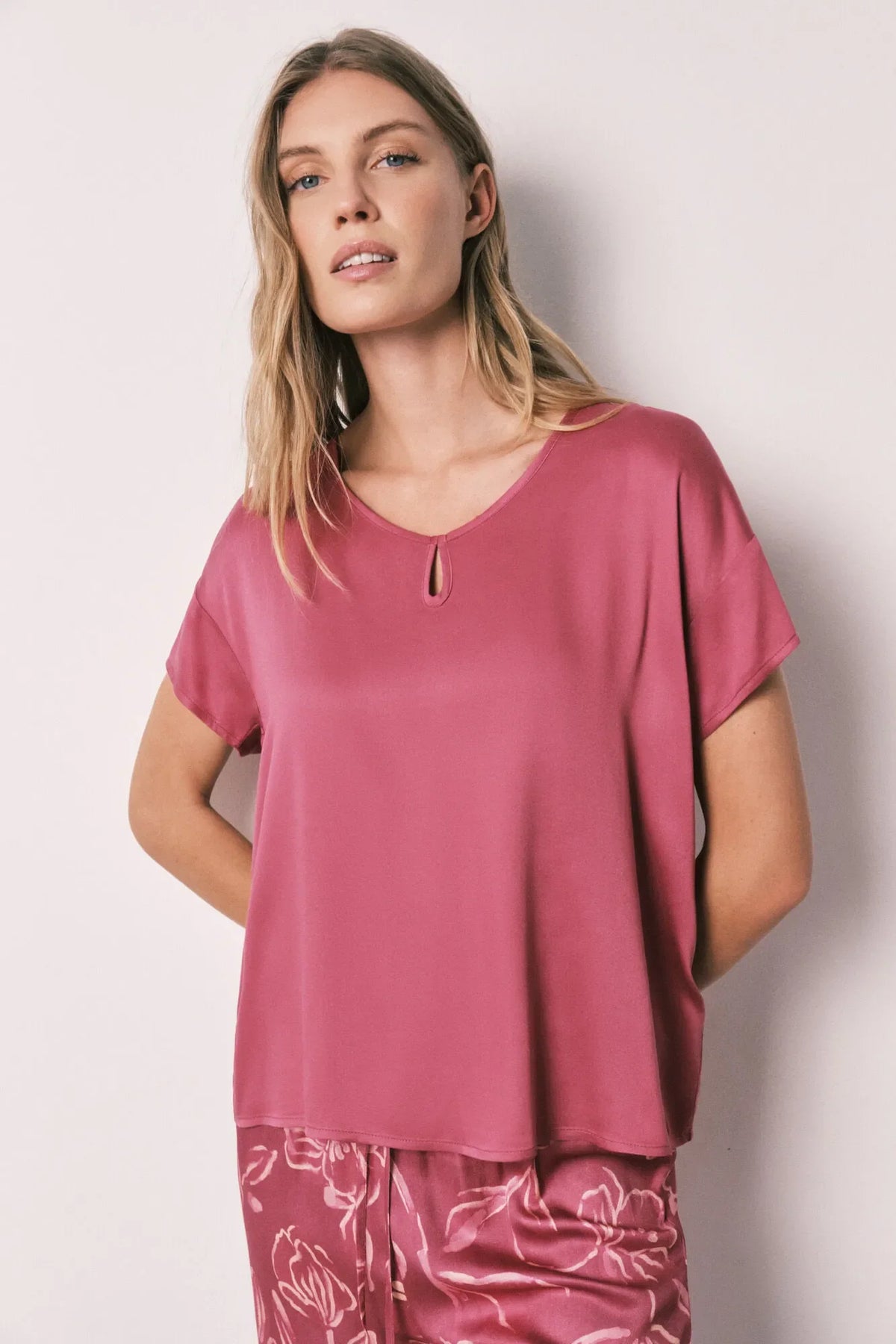 Women Secret Burgundy Satin-Finish Short Sleeve Long Pyjamas