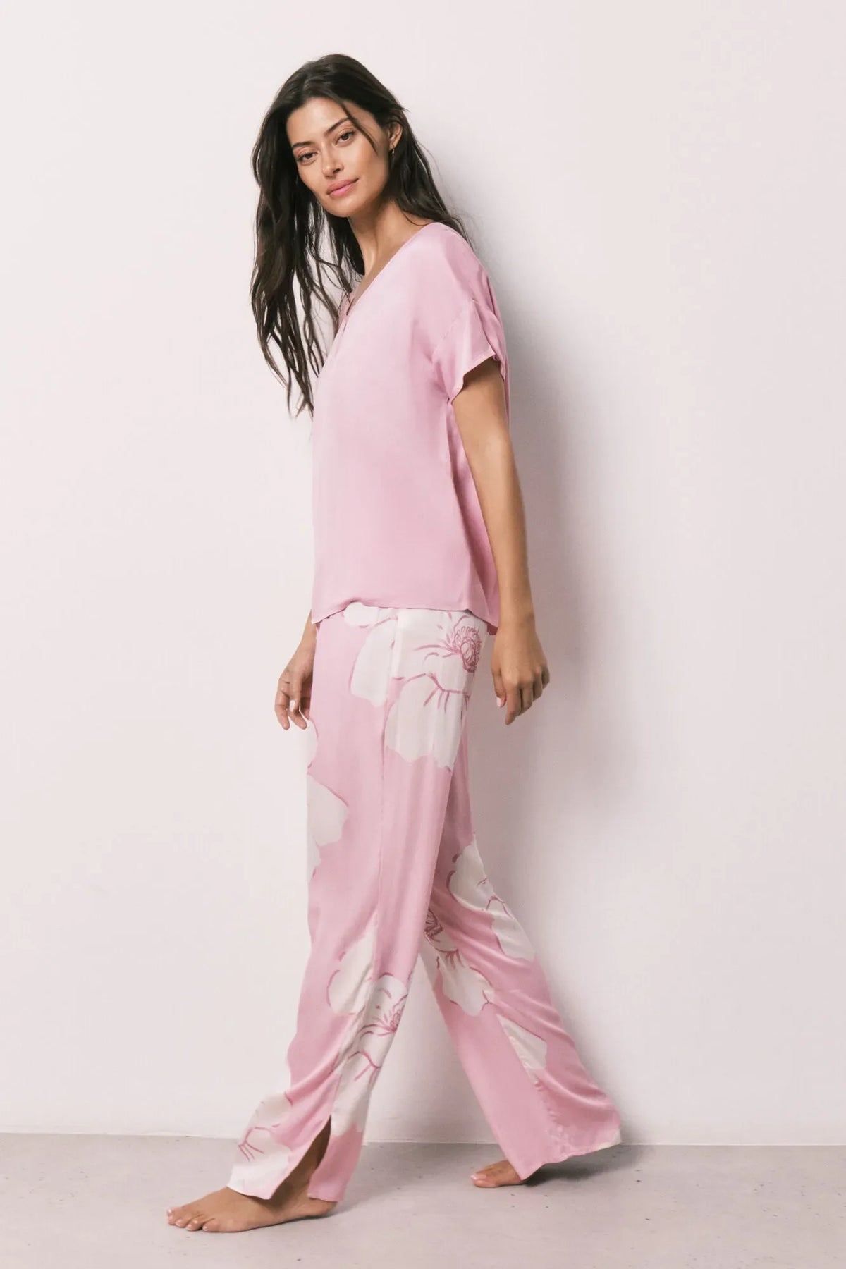 Women Secret Pink Satin-Finish Short Sleeve Long Pyjamas