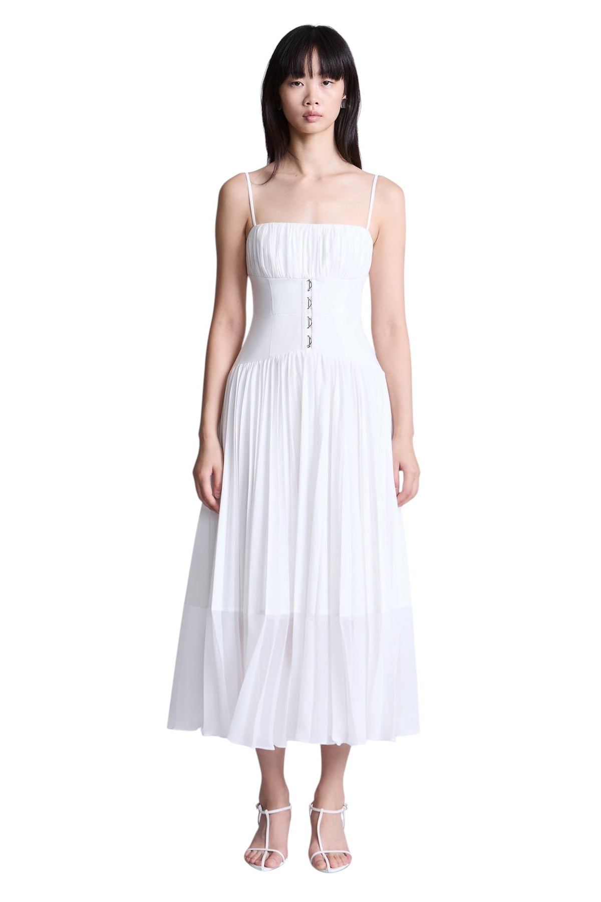 BCBGMAXAZARIA Pleated midi dress crafted from breathable cotton with a soft