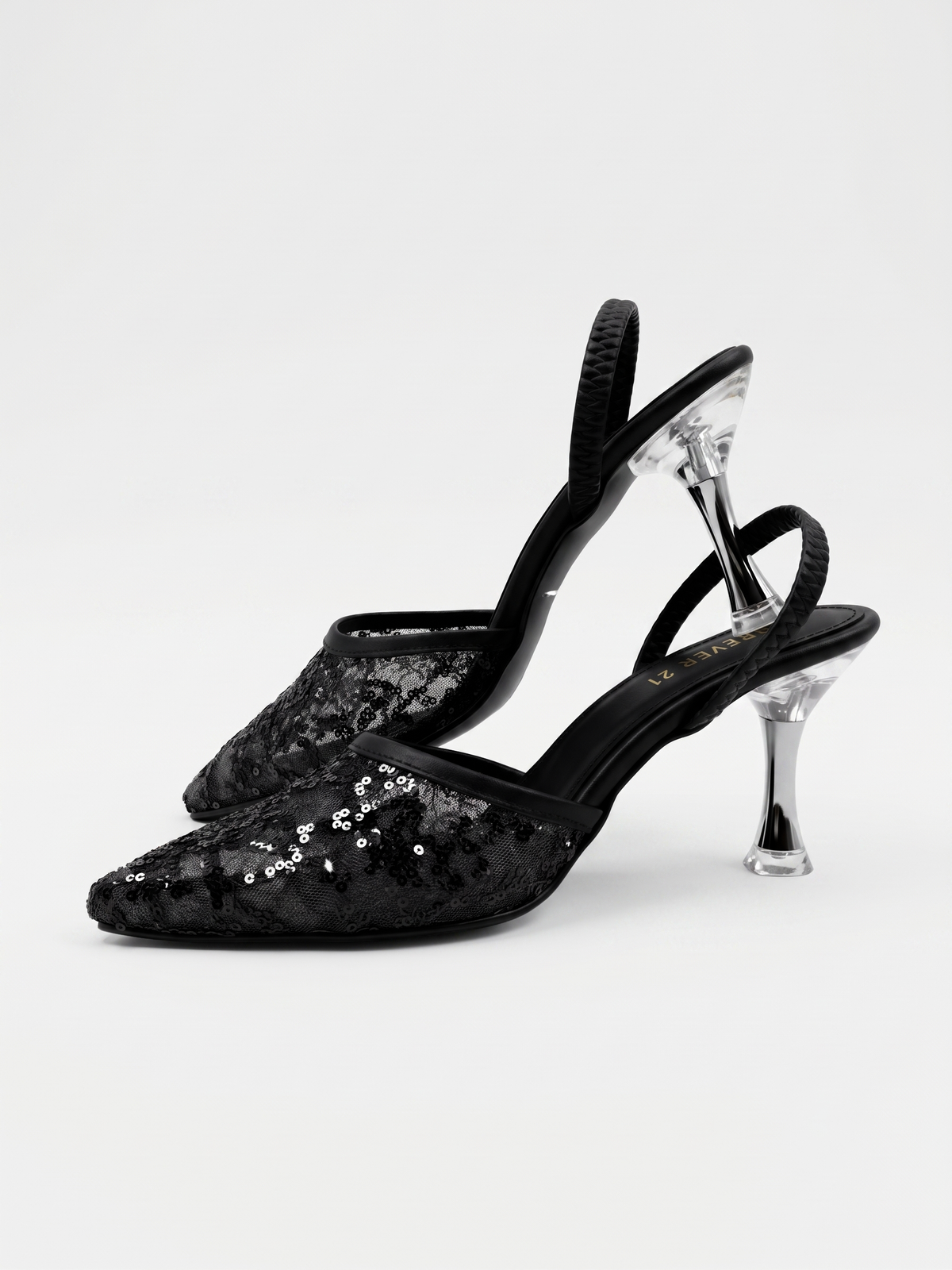 Pointed-Toe Sequin Lace Slingback Heels - Black
