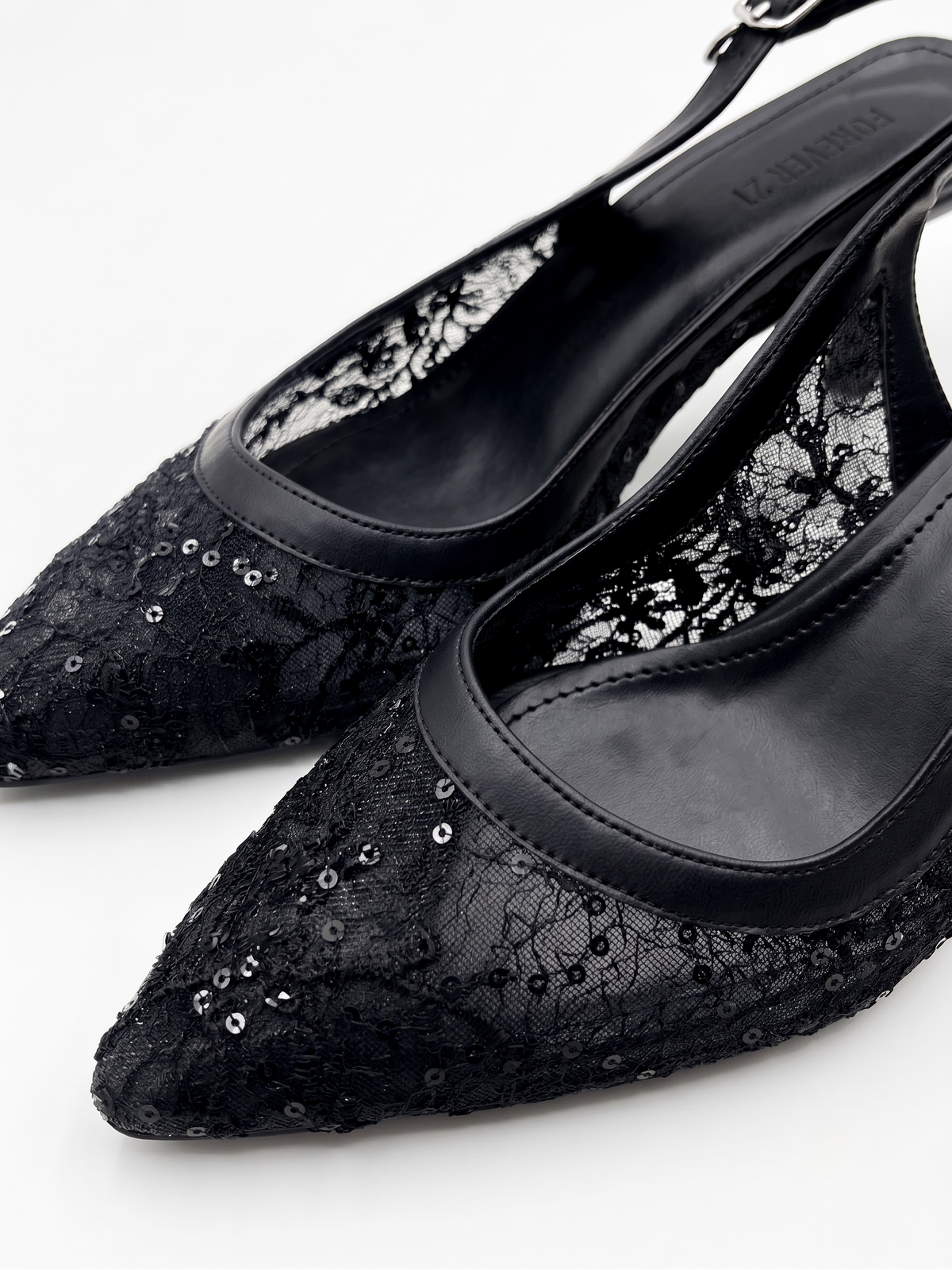 Pointed-Toe Sequin Lace Slingback Heels - Black