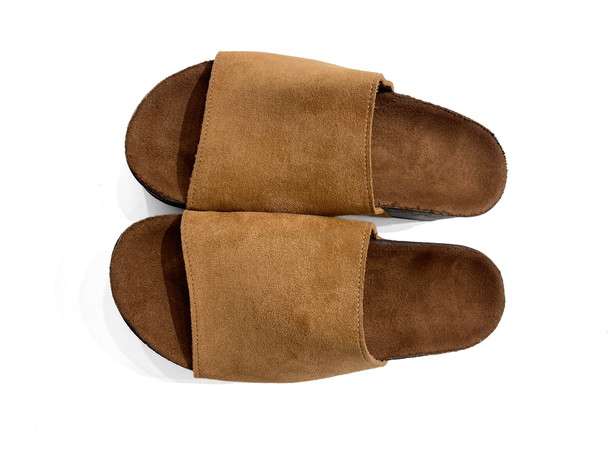 Minimalist Wide-Strap Suede Slide Sandals With Contoured Footbed - Beige