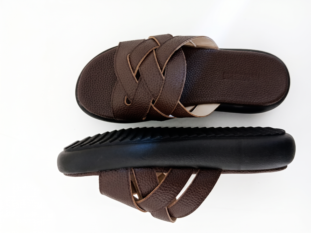 Textured Woven Cross-Strap Comfort Slide Sandals - Brown