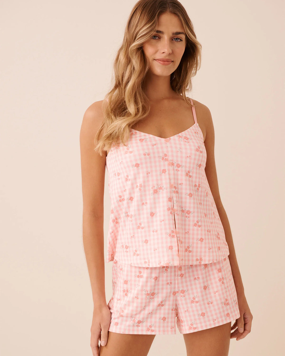 La vie en Rose Floral Gingham Print Super Soft Cami with Shelf Bra