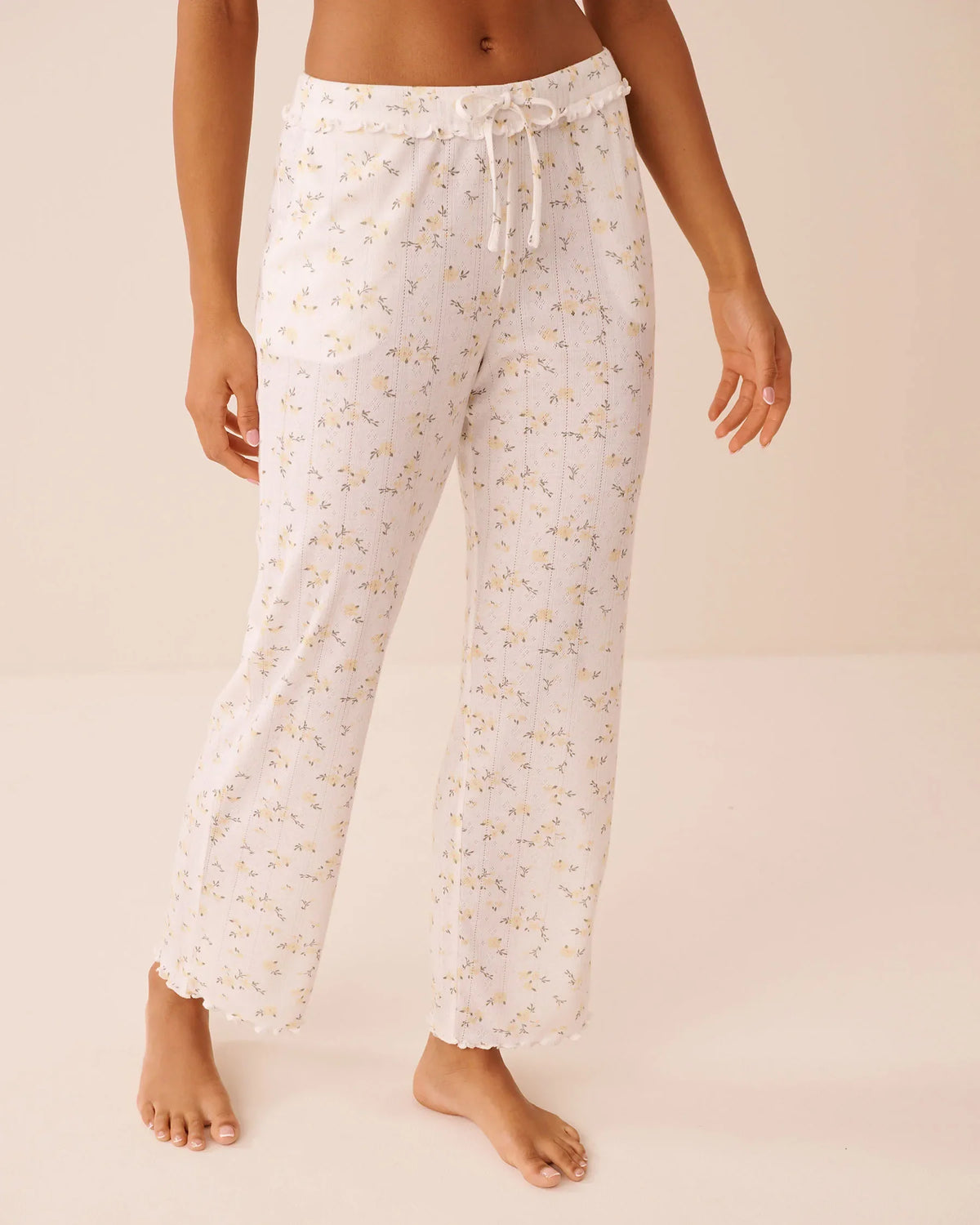 La vie en Rose Floral Print Ruffle Hem Pointelle Pajama Pants