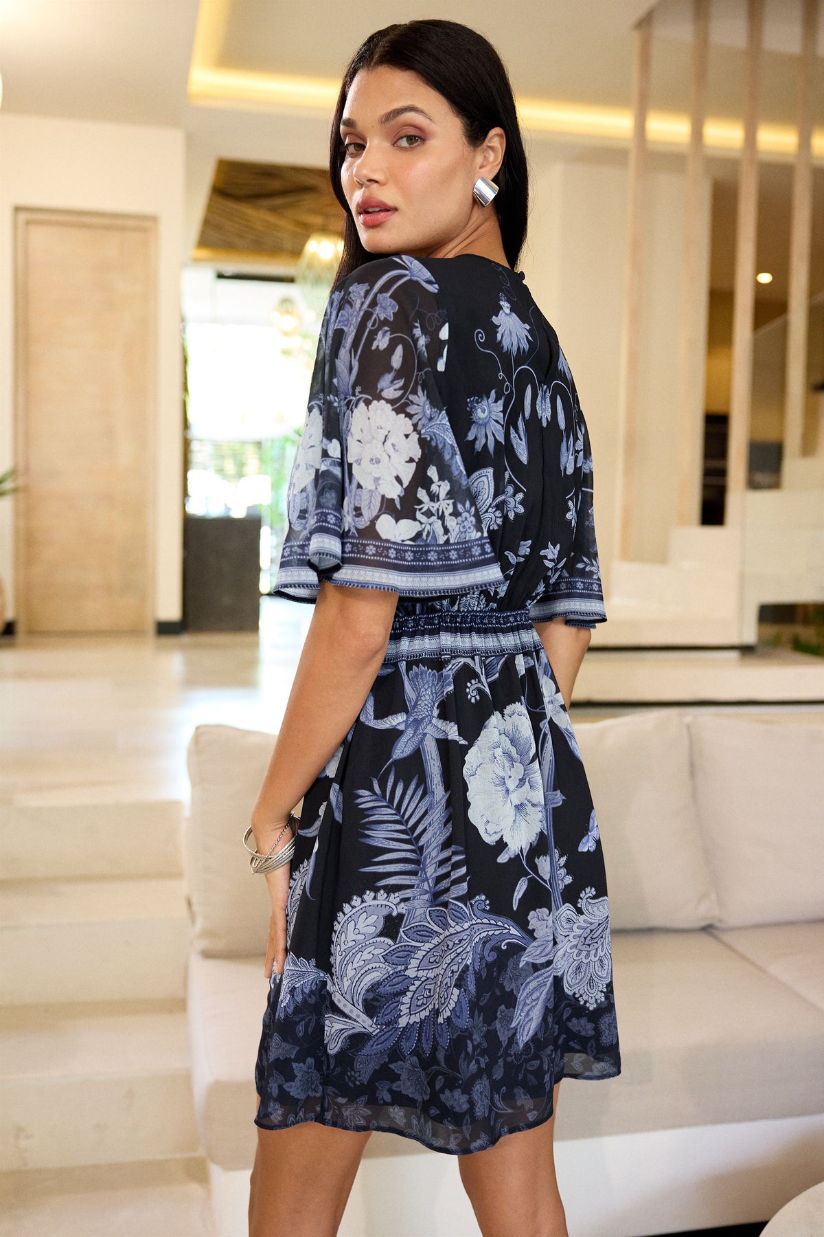 Lipsy London Printed Angel-Sleeve Mini Dress