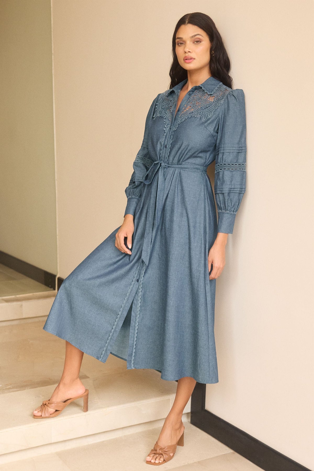 Lipsy London Long-Sleeve Chambray Midi Shirt Dress
