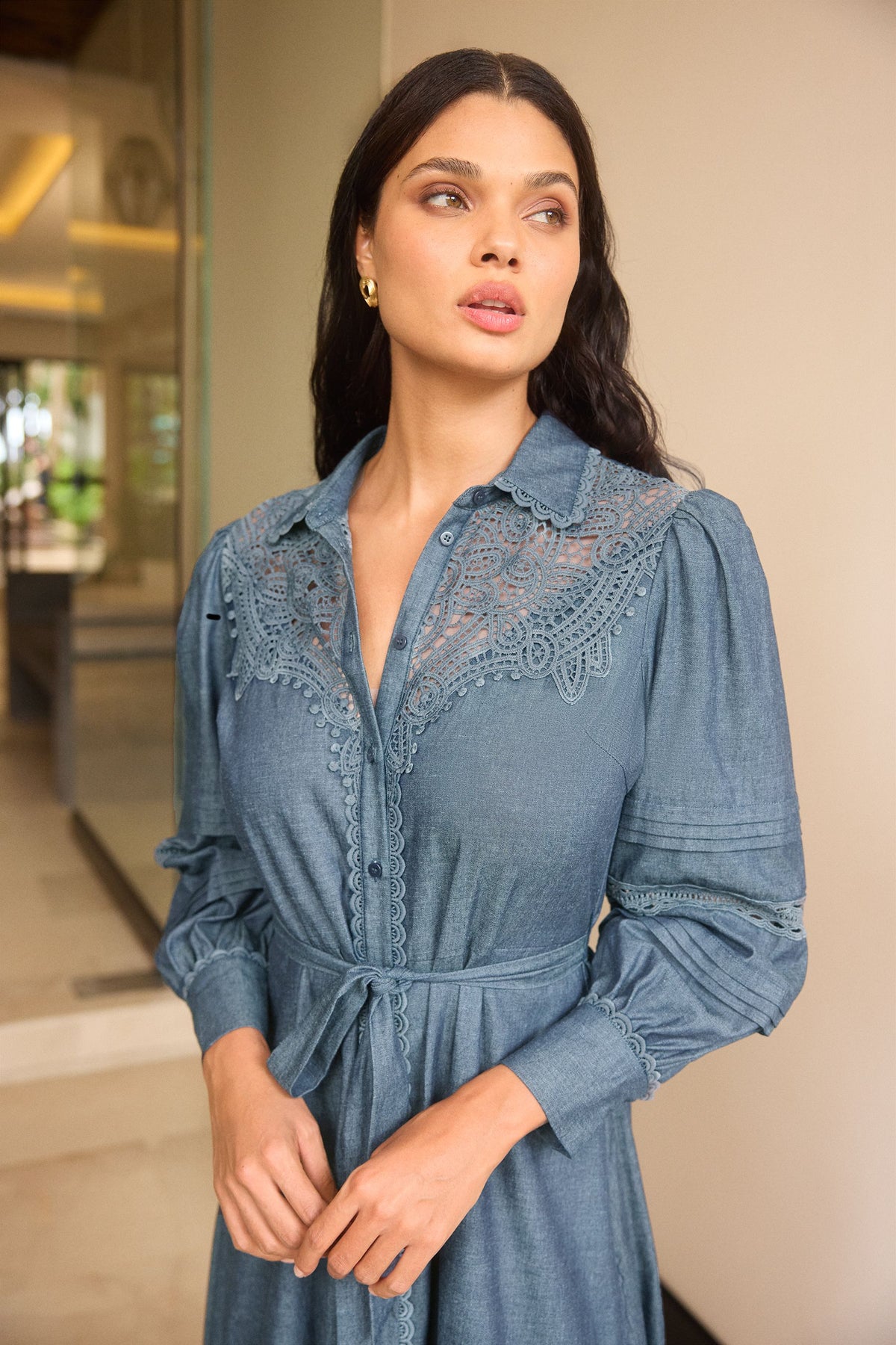 Lipsy London Long-Sleeve Chambray Midi Shirt Dress