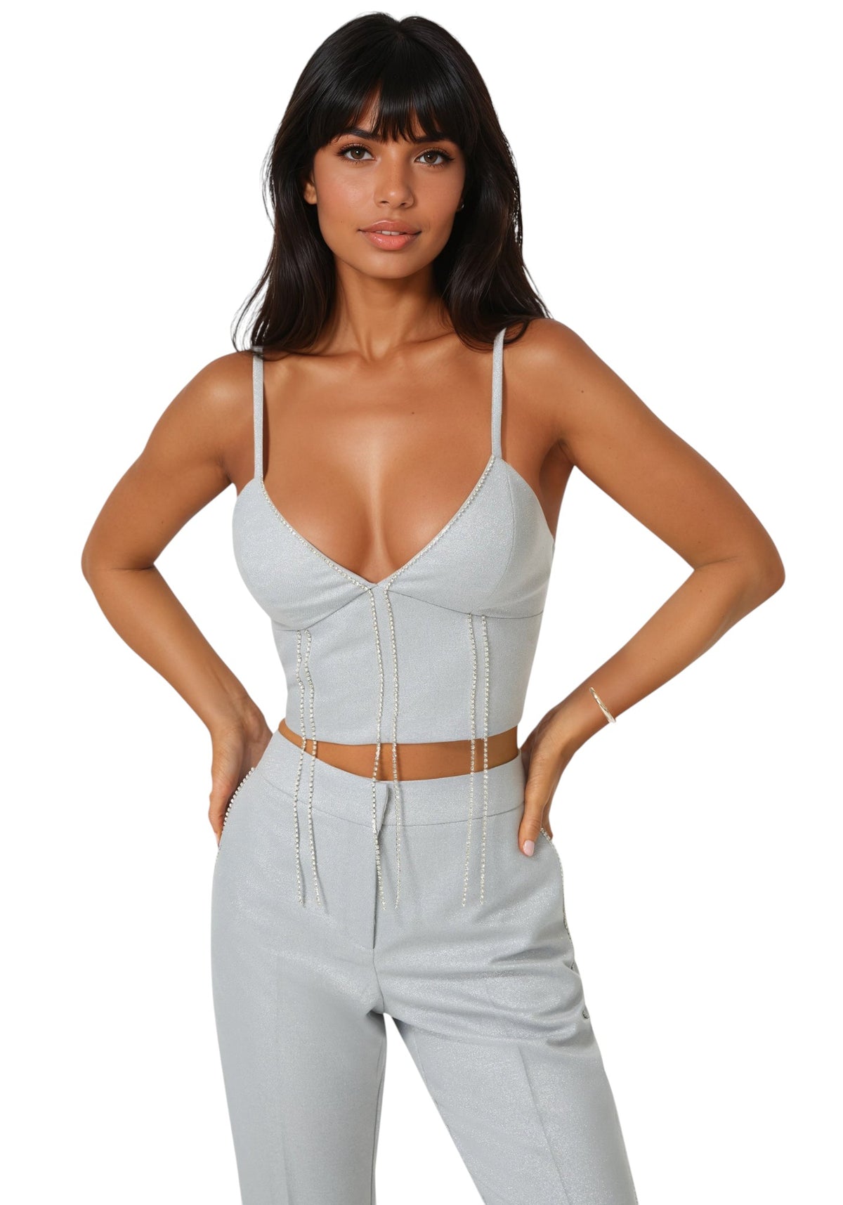 Bebe Glittery Rhinestone Chain Fitted Top