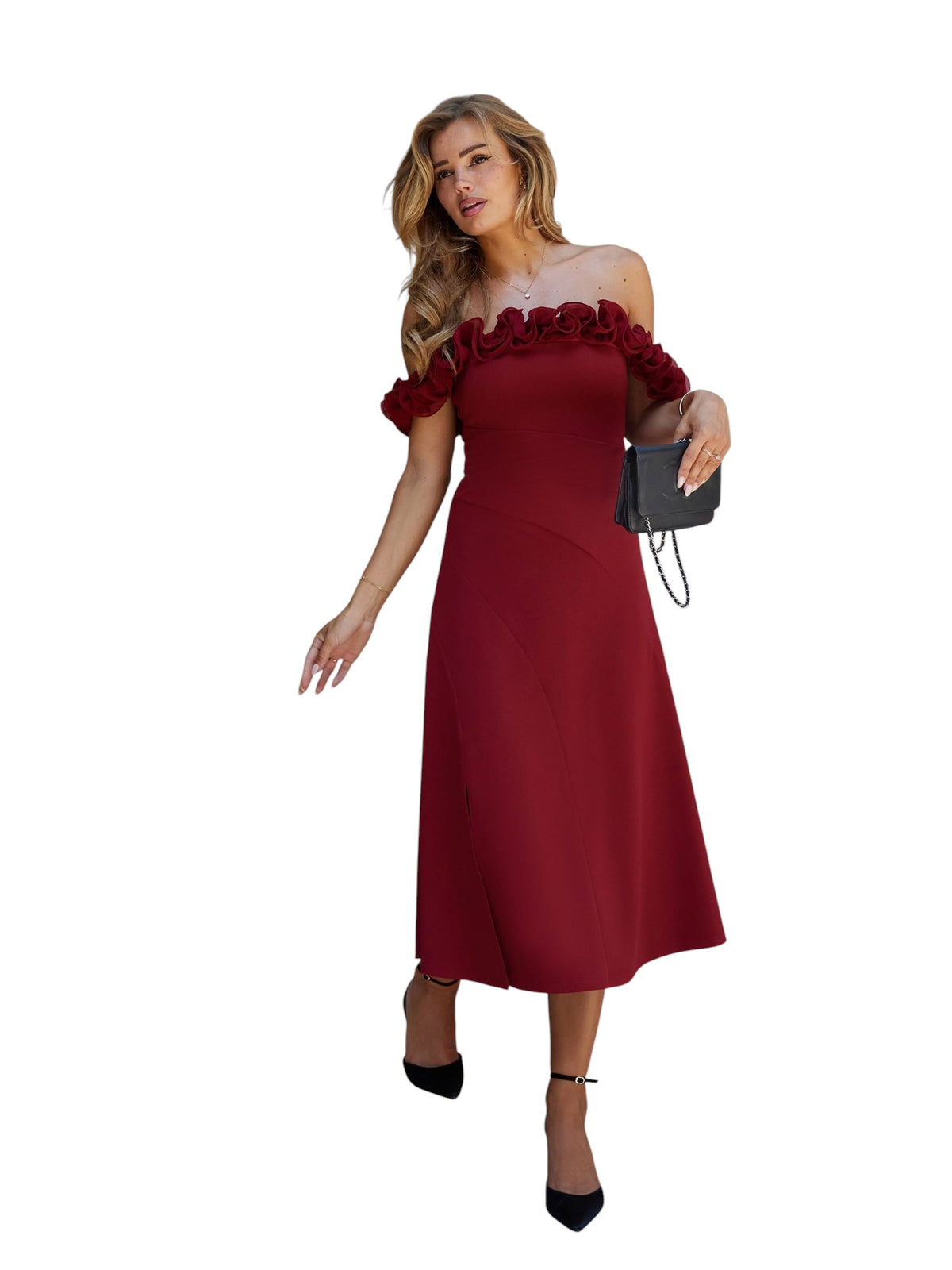 Lipsy Burgundy Red Ruffle Bardot Fit And Flare Midi Dress