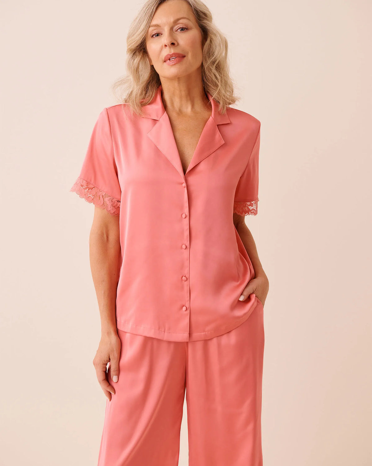 LUXURY EDITION Lace Trim Satin Button-down Shirt
