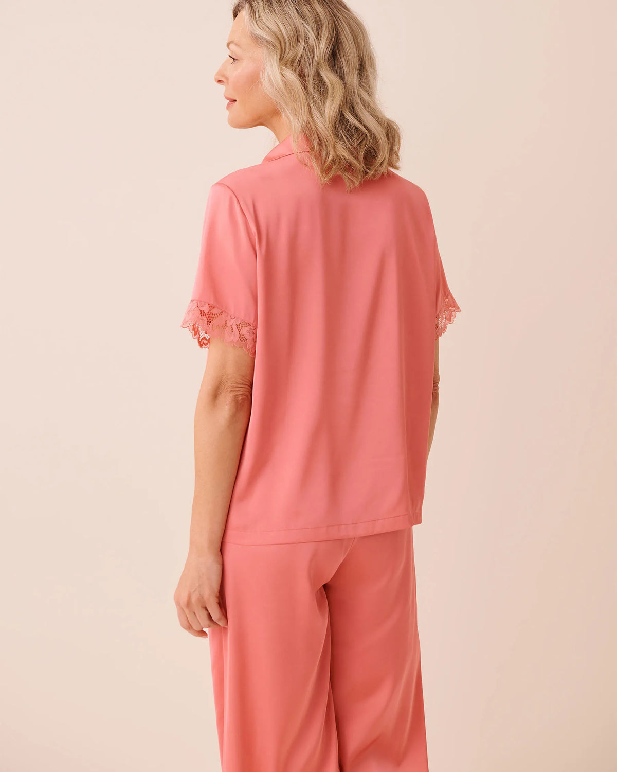 LUXURY EDITION Lace Trim Satin Button-down Shirt